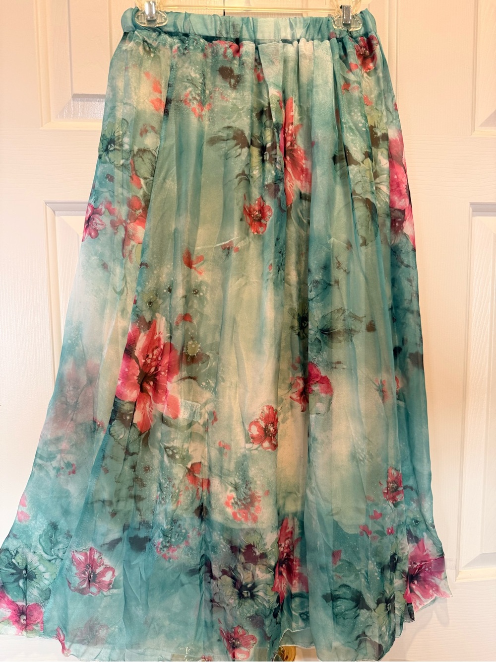 Floral Sheer w/ Lining Teal Green Maxi Skirt with Pink Blossom Print